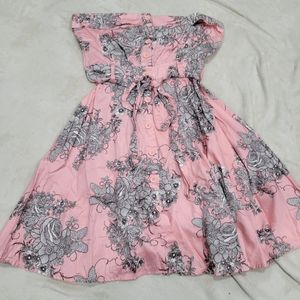 Pink Floral Strapless Dress with buttons and belt detail